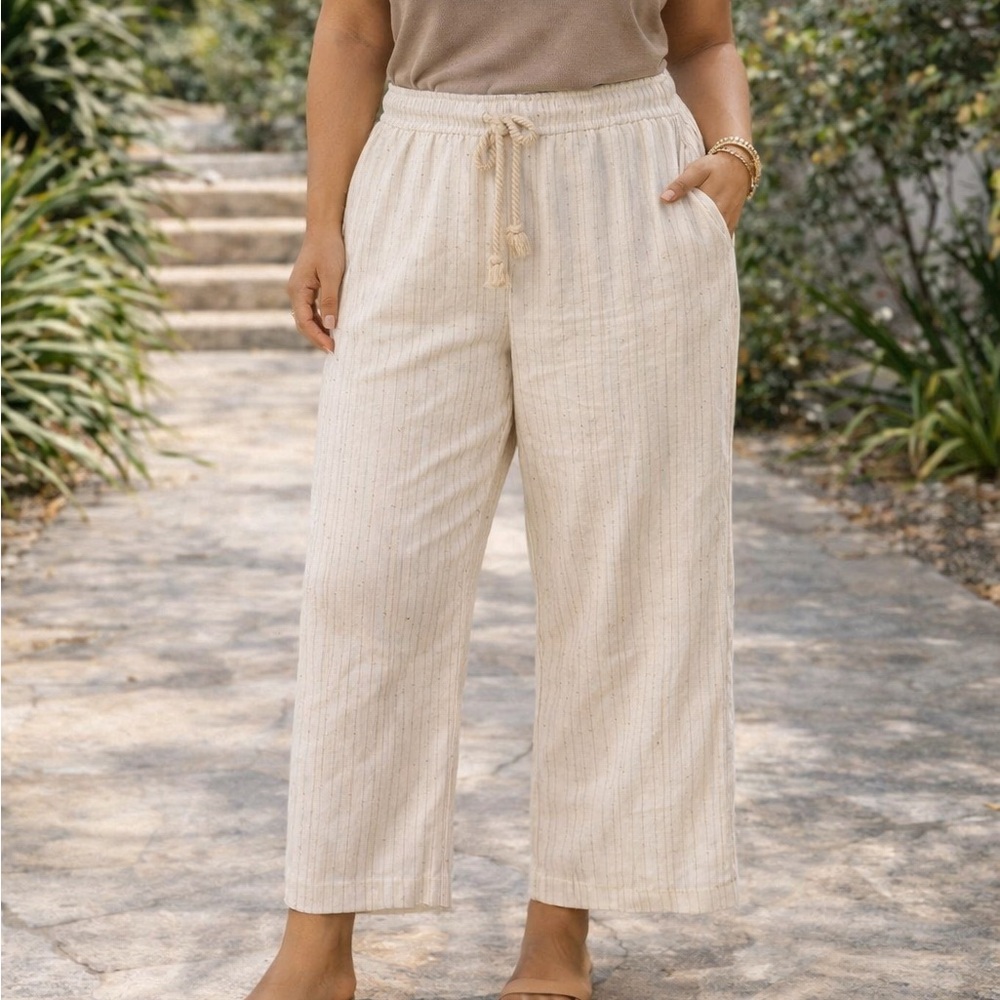 House of Harlow Linen Blend Wide Leg Pull On Pants Ivory Cream Gold Stripe Large